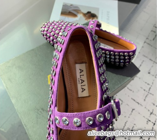 Stylish Alaia Ballet Flat in Suede with Strass Purple 1223026