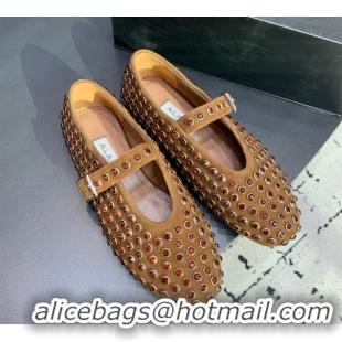 Best Price Alaia Ballet Flat in Suede with Strass Light Brown 1223027