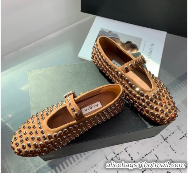 Best Price Alaia Ballet Flat in Suede with Strass Light Brown 1223027