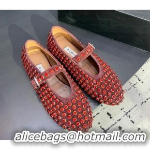 Good Quality Alaia Ballet Flat in Suede with Strass Dark Brown 1223028