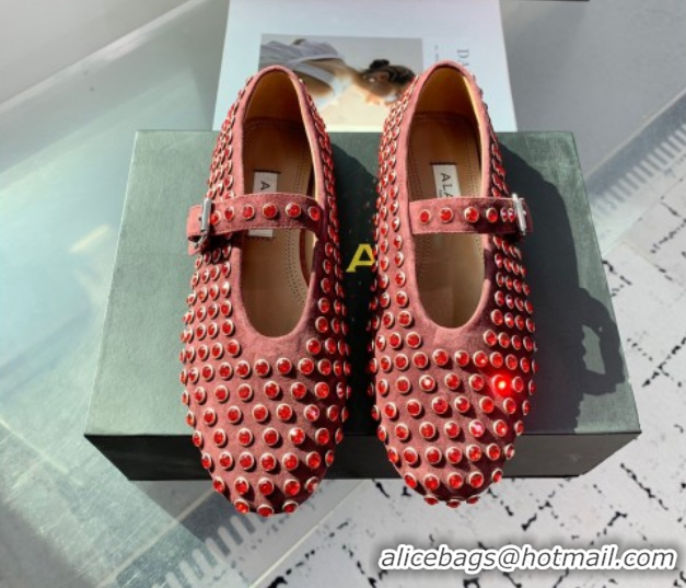 Good Quality Alaia Ballet Flat in Suede with Strass Dark Brown 1223028