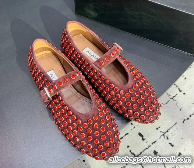 Good Quality Alaia Ballet Flat in Suede with Strass Dark Brown 1223028