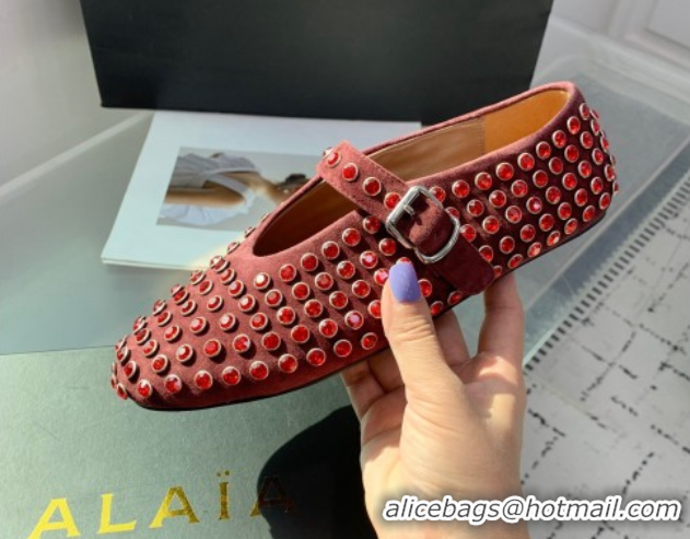 Good Quality Alaia Ballet Flat in Suede with Strass Dark Brown 1223028