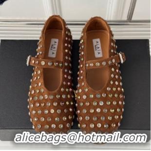 Purchase Alaia Ballet Flat in Suede with Strass Brown 1223029