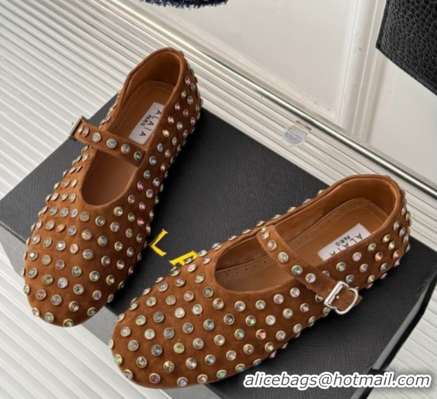 Purchase Alaia Ballet Flat in Suede with Strass Brown 1223029