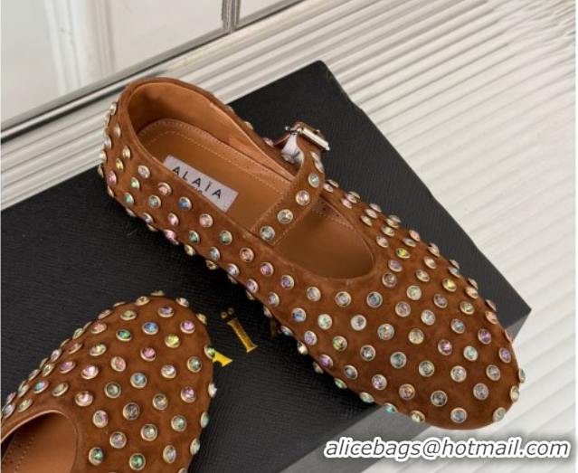 Purchase Alaia Ballet Flat in Suede with Strass Brown 1223029