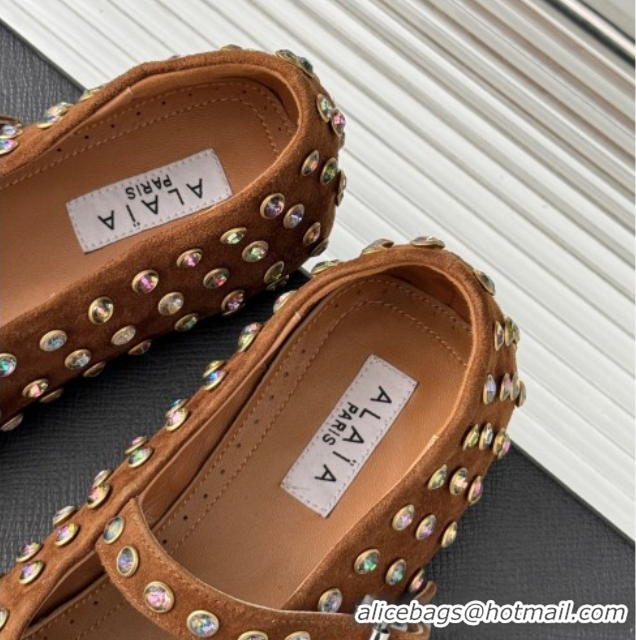 Purchase Alaia Ballet Flat in Suede with Strass Brown 1223029