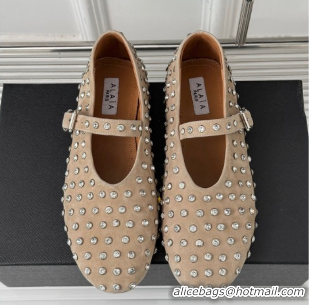 Sumptuous Alaia Ballet Flat in Suede with Strass Beige 1223030