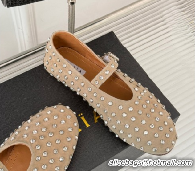 Sumptuous Alaia Ballet Flat in Suede with Strass Beige 1223030