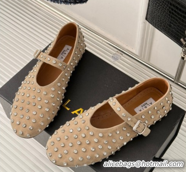 Sumptuous Alaia Ballet Flat in Suede with Strass Beige 1223030