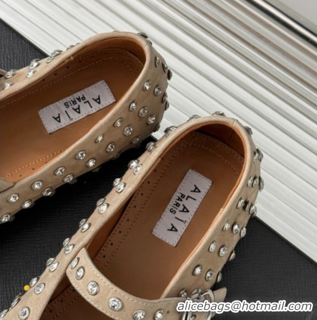 Sumptuous Alaia Ballet Flat in Suede with Strass Beige 1223030