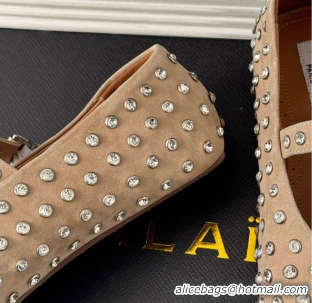 Sumptuous Alaia Ballet Flat in Suede with Strass Beige 1223030