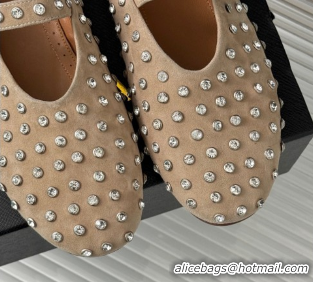 Sumptuous Alaia Ballet Flat in Suede with Strass Beige 1223030