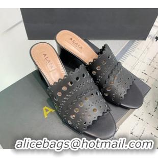 Grade Quality Alaia Heel Slides Sandal in Openwork Leather Black 1223031