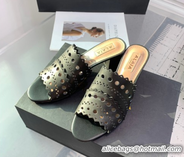 Grade Quality Alaia Heel Slides Sandal in Openwork Leather Black 1223031