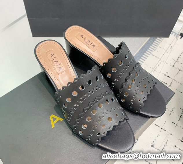 Grade Quality Alaia Heel Slides Sandal in Openwork Leather Black 1223031