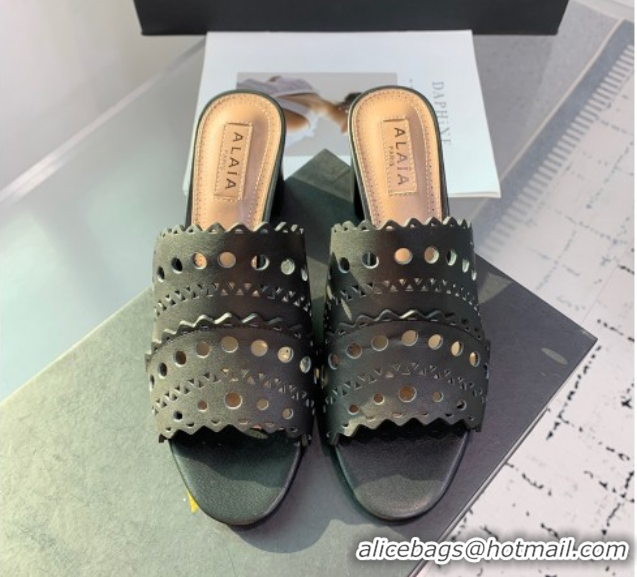 Grade Quality Alaia Heel Slides Sandal in Openwork Leather Black 1223031