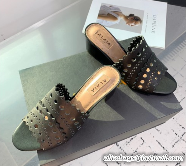 Grade Quality Alaia Heel Slides Sandal in Openwork Leather Black 1223031