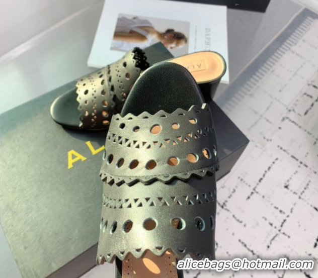 Grade Quality Alaia Heel Slides Sandal in Openwork Leather Black 1223031