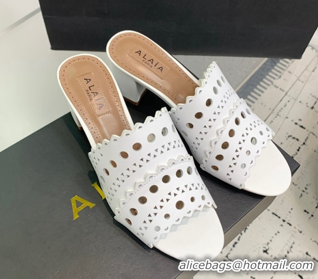 Charming Alaia Heel Slides Sandal in Openwork Leather Snow White AL122302 1223033