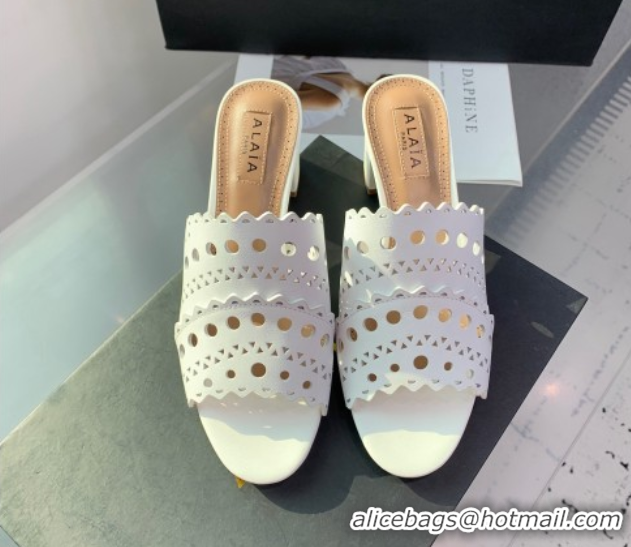 Charming Alaia Heel Slides Sandal in Openwork Leather Snow White AL122302 1223033