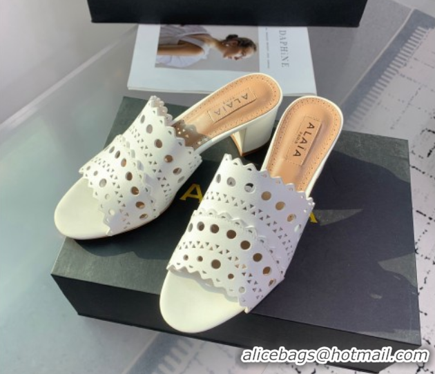 Charming Alaia Heel Slides Sandal in Openwork Leather Snow White AL122302 1223033