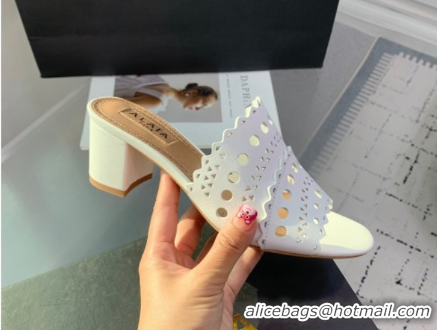 Charming Alaia Heel Slides Sandal in Openwork Leather Snow White AL122302 1223033