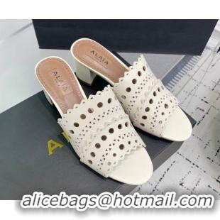 Grade Quality Alaia Heel Slides Sandal in Openwork Leather Ivory White AL122302 1223032
