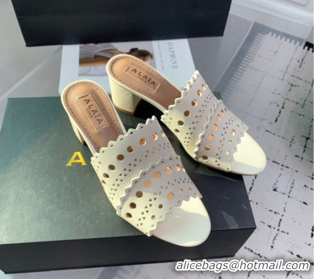 Grade Quality Alaia Heel Slides Sandal in Openwork Leather Ivory White AL122302 1223032