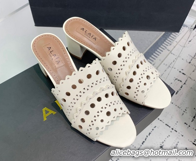 Grade Quality Alaia Heel Slides Sandal in Openwork Leather Ivory White AL122302 1223032