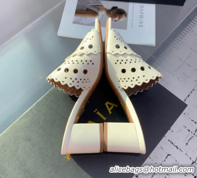 Grade Quality Alaia Heel Slides Sandal in Openwork Leather Ivory White AL122302 1223032