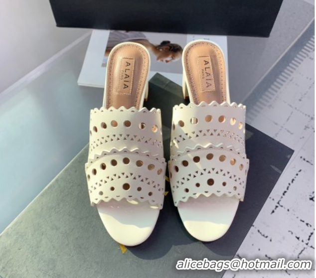 Grade Quality Alaia Heel Slides Sandal in Openwork Leather Ivory White AL122302 1223032