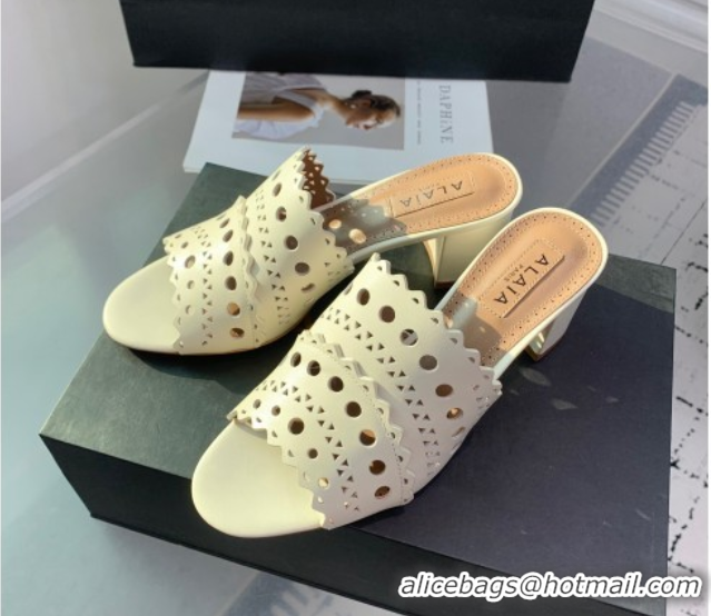 Grade Quality Alaia Heel Slides Sandal in Openwork Leather Ivory White AL122302 1223032