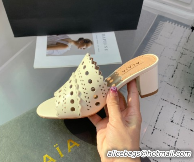 Grade Quality Alaia Heel Slides Sandal in Openwork Leather Ivory White AL122302 1223032