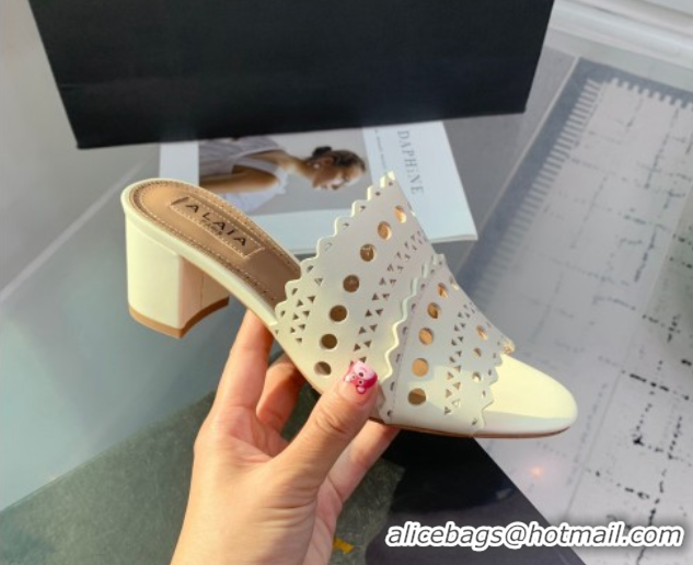 Grade Quality Alaia Heel Slides Sandal in Openwork Leather Ivory White AL122302 1223032