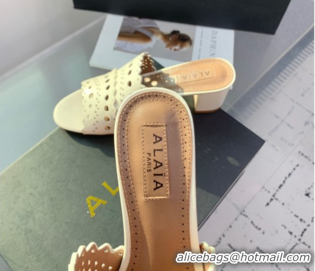 Grade Quality Alaia Heel Slides Sandal in Openwork Leather Ivory White AL122302 1223032