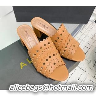 Classic Hot Alaia Heel Slides Sandal in Openwork Leather Apricot AL122302 1223034