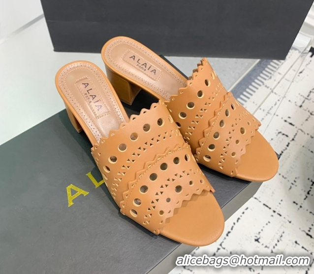 Classic Hot Alaia Heel Slides Sandal in Openwork Leather Apricot AL122302 1223034