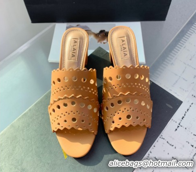 Classic Hot Alaia Heel Slides Sandal in Openwork Leather Apricot AL122302 1223034