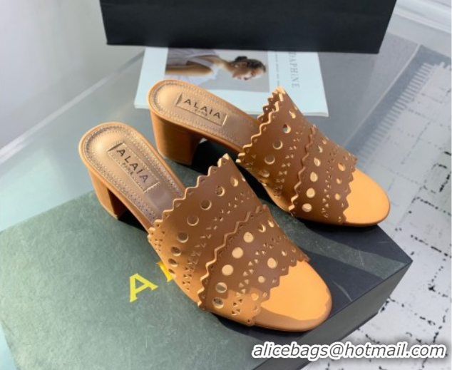 Classic Hot Alaia Heel Slides Sandal in Openwork Leather Apricot AL122302 1223034