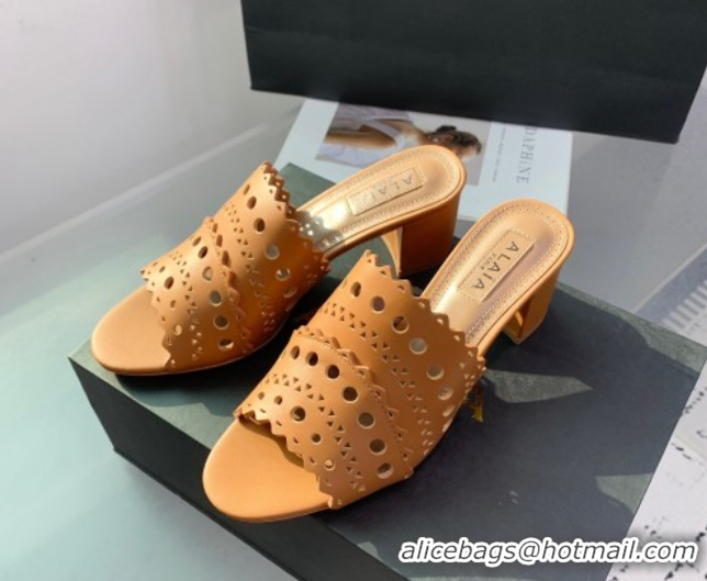 Classic Hot Alaia Heel Slides Sandal in Openwork Leather Apricot AL122302 1223034