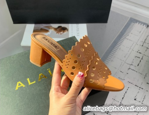 Classic Hot Alaia Heel Slides Sandal in Openwork Leather Apricot AL122302 1223034