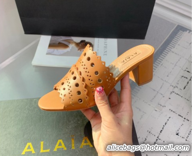 Classic Hot Alaia Heel Slides Sandal in Openwork Leather Apricot AL122302 1223034