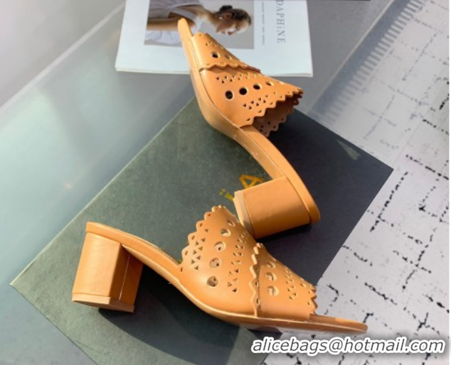 Classic Hot Alaia Heel Slides Sandal in Openwork Leather Apricot AL122302 1223034
