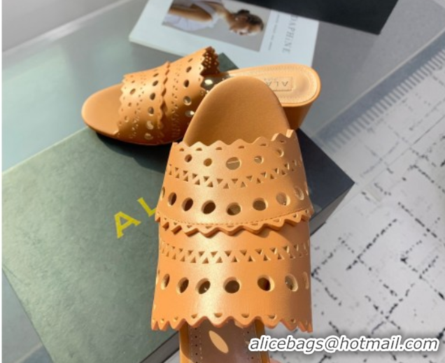 Classic Hot Alaia Heel Slides Sandal in Openwork Leather Apricot AL122302 1223034