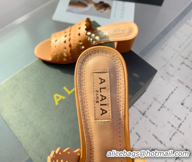 Classic Hot Alaia Heel Slides Sandal in Openwork Leather Apricot AL122302 1223034