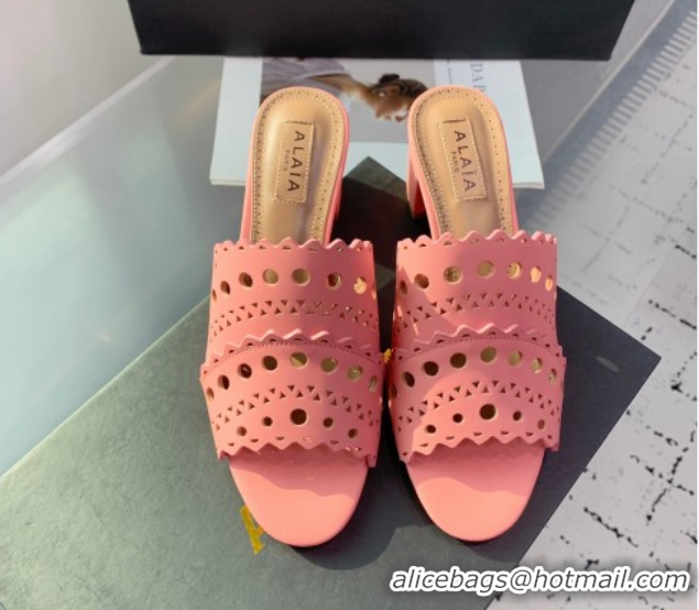 Good Quality Alaia Heel Slides Sandal in Openwork Leather Pink AL122302 1223035