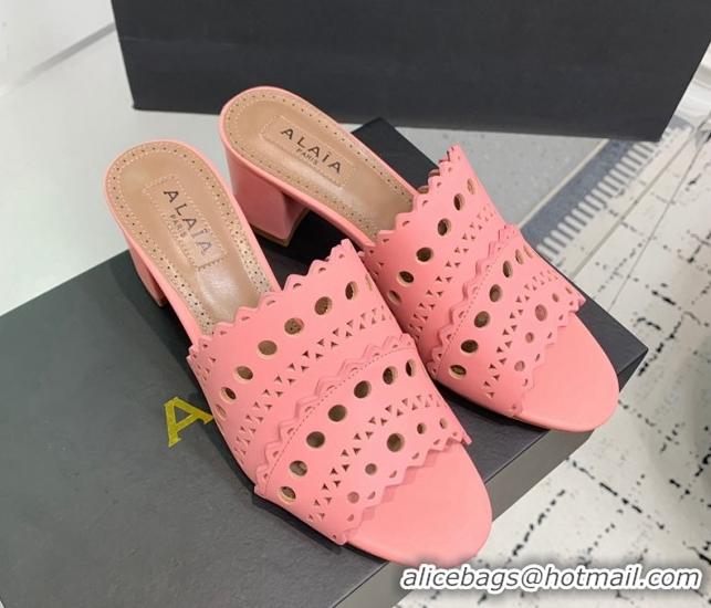 Good Quality Alaia Heel Slides Sandal in Openwork Leather Pink AL122302 1223035