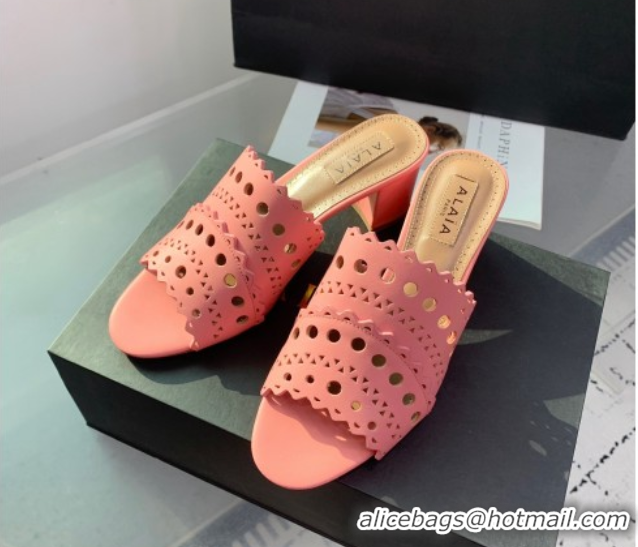 Good Quality Alaia Heel Slides Sandal in Openwork Leather Pink AL122302 1223035