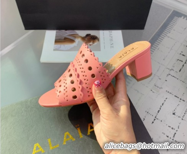 Good Quality Alaia Heel Slides Sandal in Openwork Leather Pink AL122302 1223035
